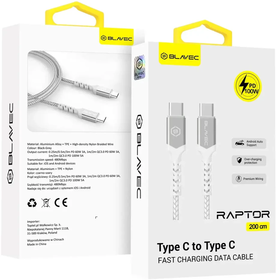 Blavec Kabelis Raptor pintas - Type C į Type C - PD 100W 5A 2 ms Apple CarPlay/Android Auto (CRA-CC5WS20) baltos spalvos-sidabrinis