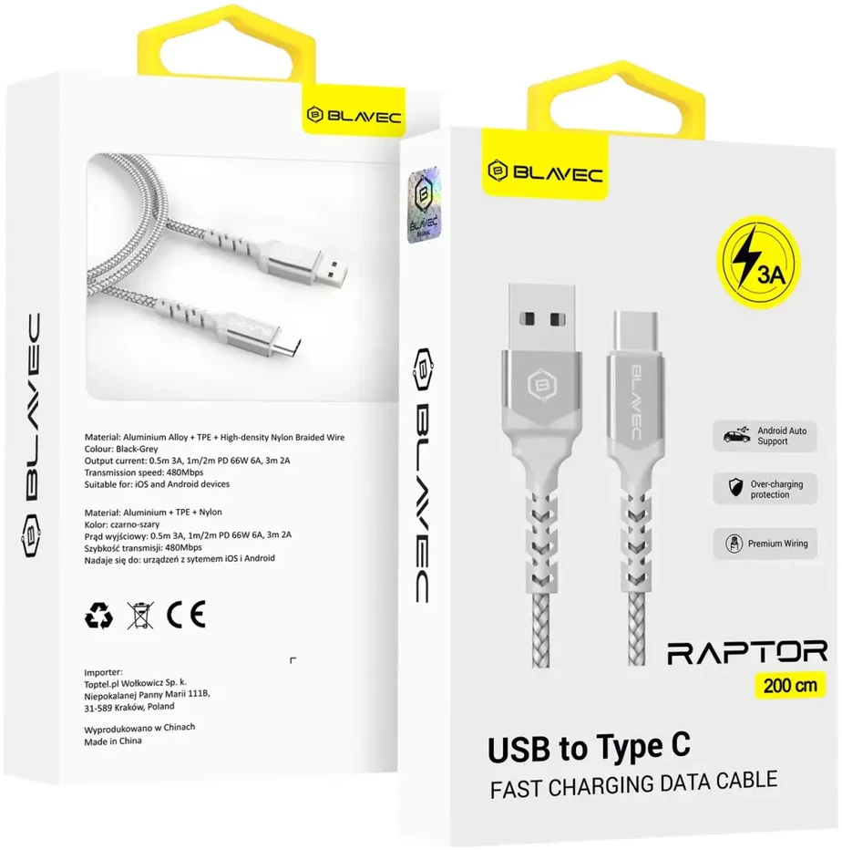Blavec Kabelis Raptor pintas - USB į Type C - 3A 2 ms Apple CarPlay/Android Auto (CRA-UC3WS20) baltos spalvos-sidabrinis