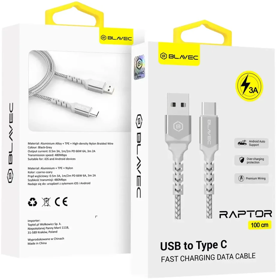 Blavec kabelis Raptor pintas – USB į Type C – 3A 1 metras Apple CarPlay/Android Auto (CRA-UC3WS10) baltos ir sidabro spalvos