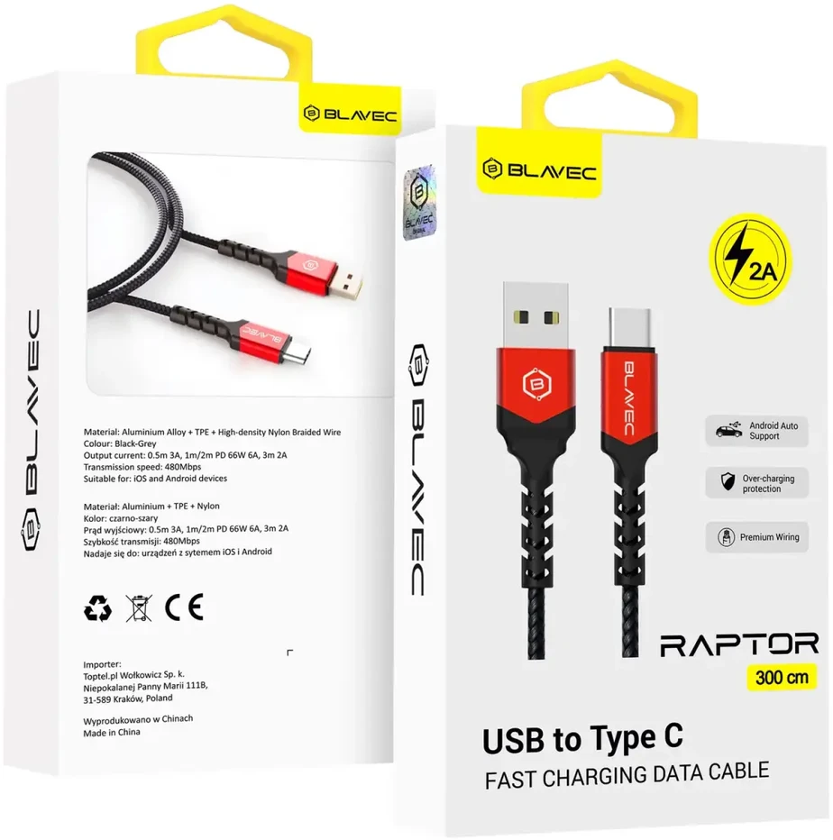 Blavec Kabelis Raptor pintas - USB į Type C - 2A 3 ms Apple CarPlay/Android Auto (CRA-UC2BR30) juodos spalvos-red