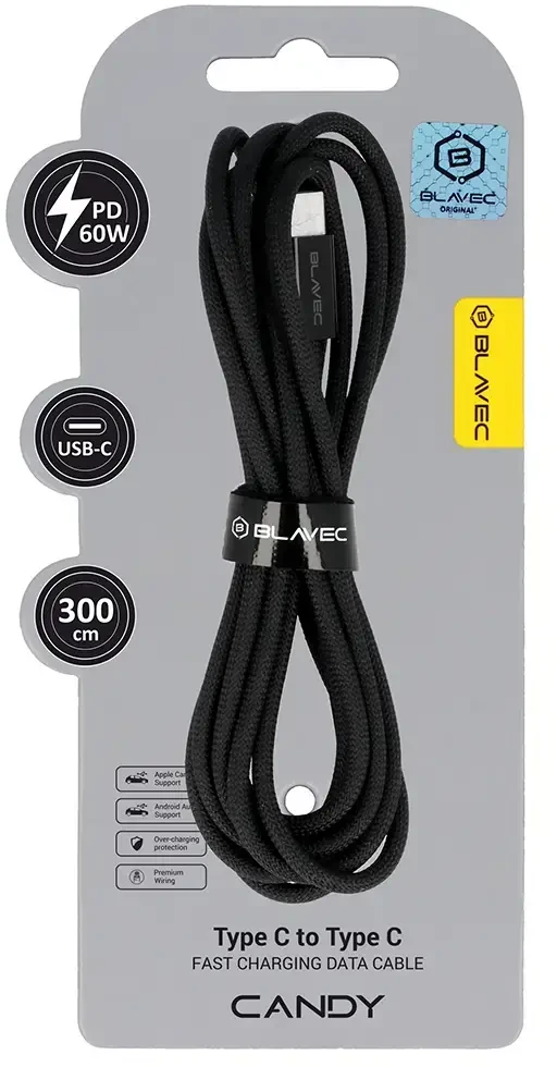 Blavec kabelis Candy braided – Type C į Type C – PD 60W 3A 3 metrai (CCA-CC3B30) juodos spalvos