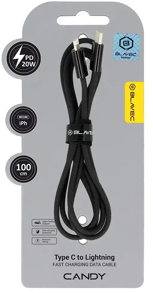 Blavec kabelis Candy pintas – C tipo į Lightning – PD 20W 2,4A 1 metras Apple CarPlay (CCA-CL24B10) juodas