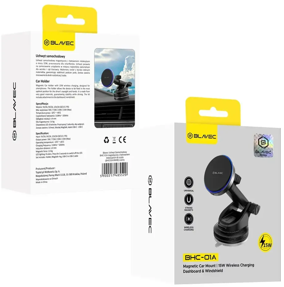 Blavec automobilio laikiklis BHC-01A 15W magnetinis su belaidžiu įkrovimu, tvirtinamas prie priekinio stiklo ir prietaisų skydelio (BHC01A-MWIB) juodos spalvos
