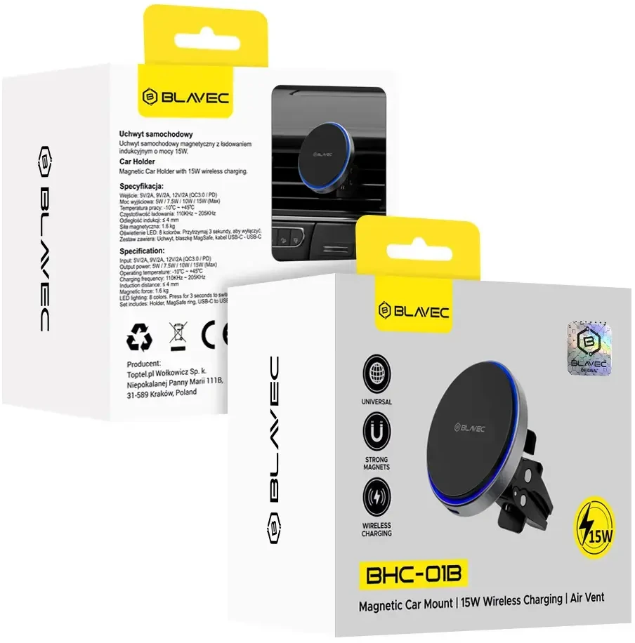 Blavec automobilio laikiklis BHC-01B 15W magnetinis su belaidžiu įkrovimu, jungiamas prie oro išleidimo angos (BHC01B-MAVIB) juodos spalvos