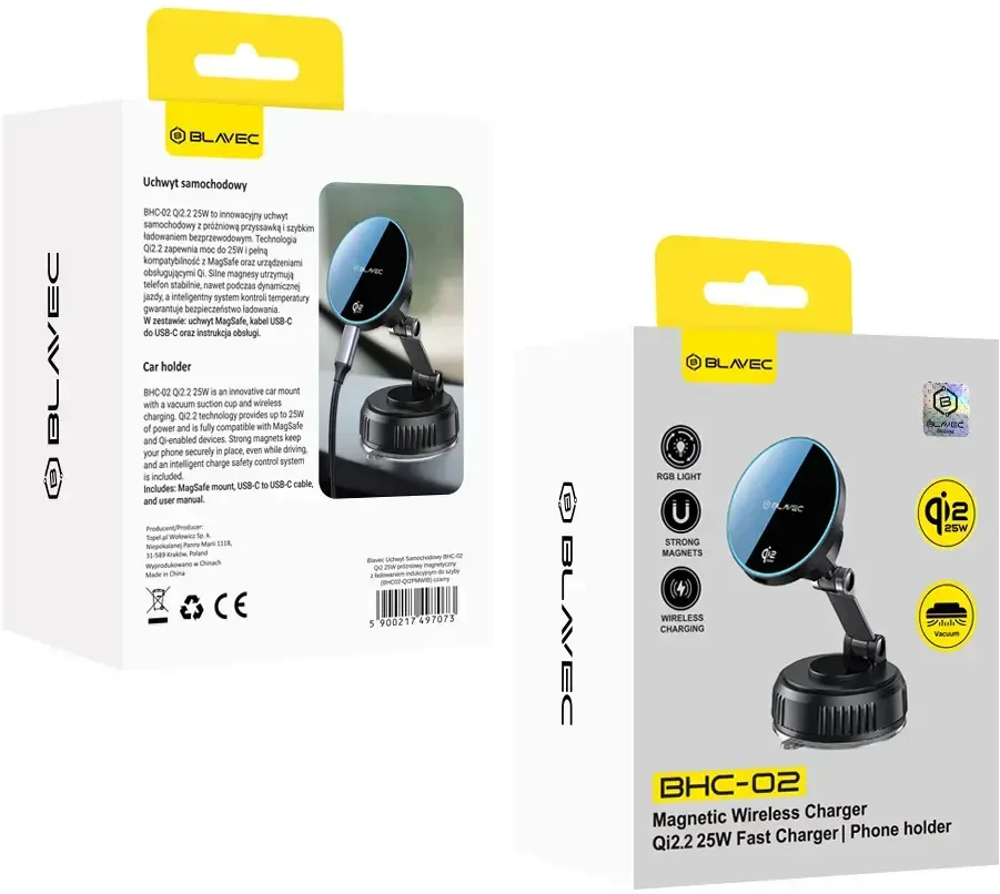 Blavec automibilinis laikiklis su belaidžiu įkrovimu BHC-02 Qi2.2 25W (BHC02-QI2PMWIB) juodos spalvos