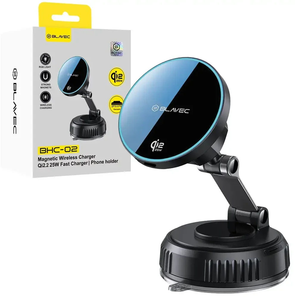 Blavec automibilinis laikiklis su belaidžiu įkrovimu BHC-02 Qi2.2 25W (BHC02-QI2PMWIB) juodos spalvos