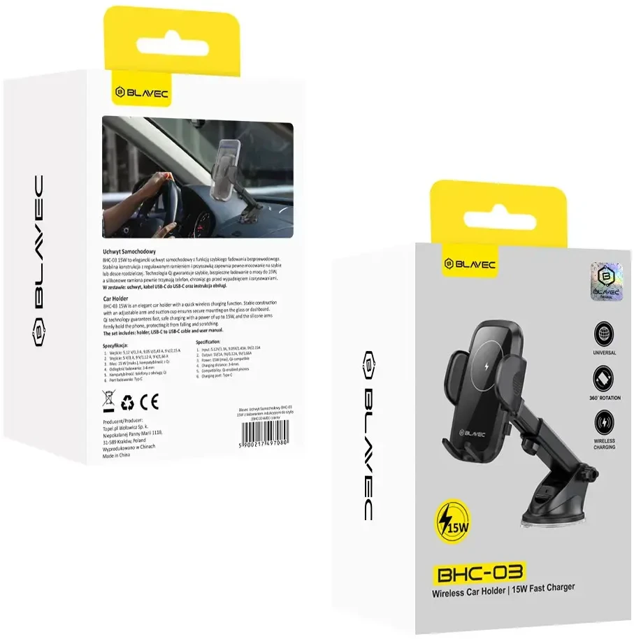Blavec automobilinis telefono laikiklis su belaidžiu įkrovimu BHC-03 15W (BHC03-WIB) juodos spalvos