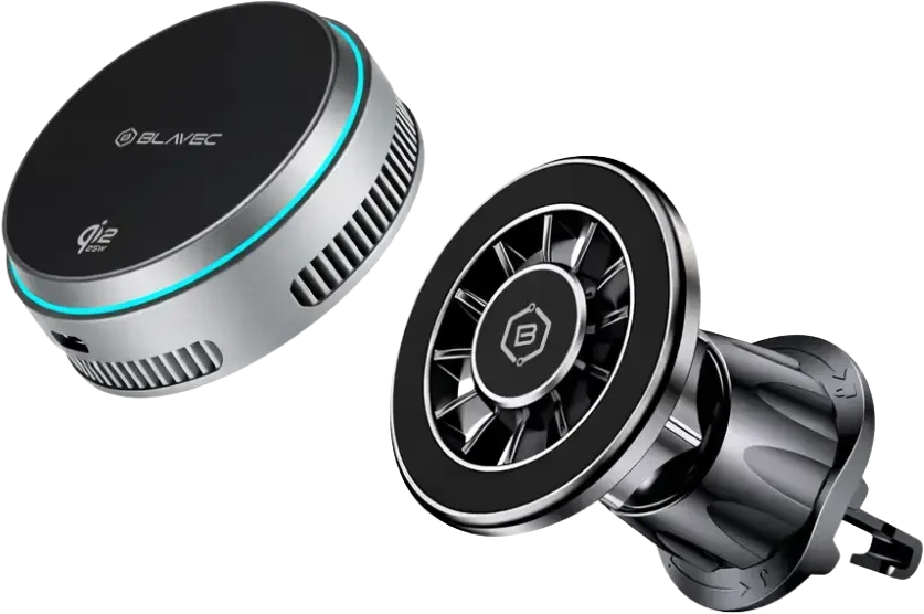 Blavec automobilio laikiklis BHC-05 Qi2.2 25W magnetiniu būdu nuimamas su indukciniu įkrovimu ir aktyviu vėsinimu oro išleidimo angoje (BHC05-MWIB) juodas