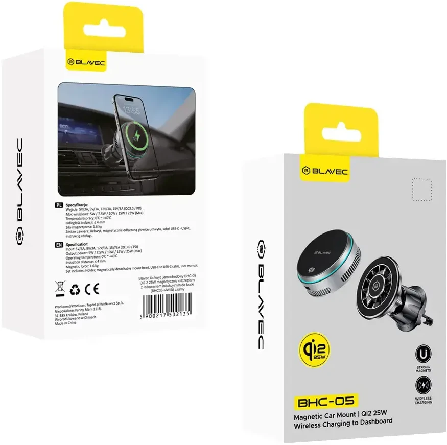Blavec automobilio laikiklis BHC-05 Qi2.2 25W magnetiniu būdu nuimamas su indukciniu įkrovimu ir aktyviu vėsinimu oro išleidimo angoje (BHC05-MWIB) juodas