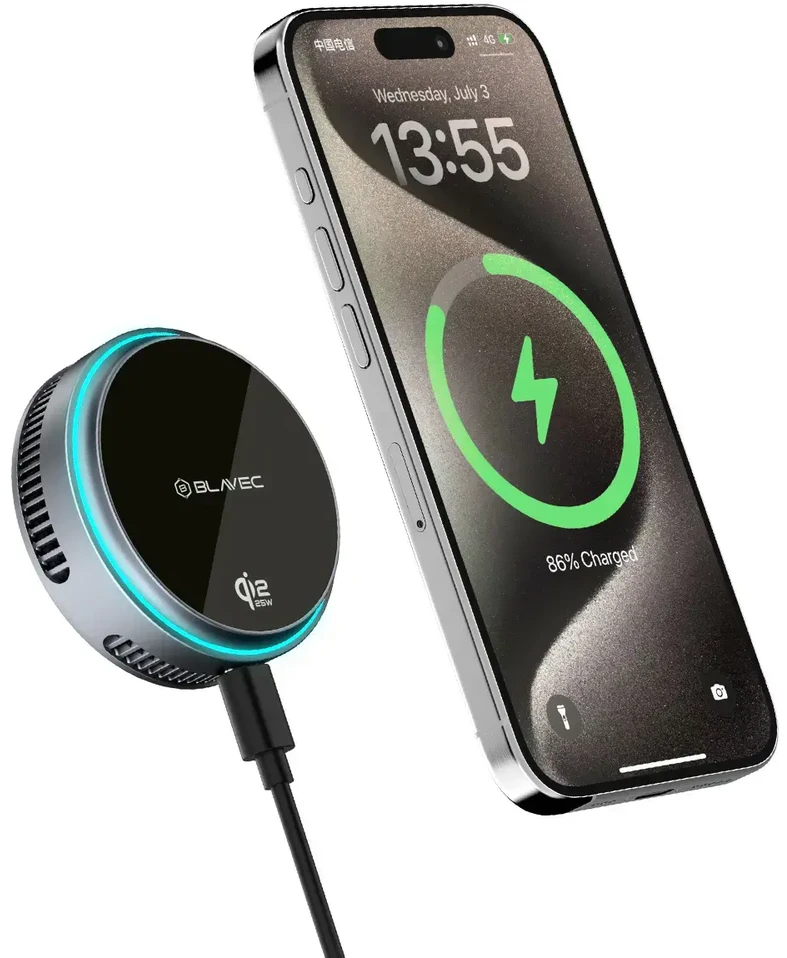 Blavec automobilio laikiklis BHC-05 Qi2.2 25W magnetiniu būdu nuimamas su indukciniu įkrovimu ir aktyviu vėsinimu oro išleidimo angoje (BHC05-MWIB) juodas