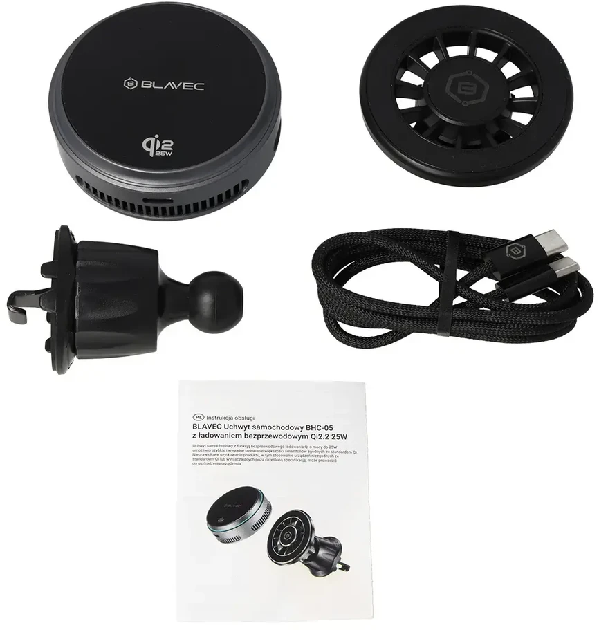 Blavec automobilio laikiklis BHC-05 Qi2.2 25W magnetiniu būdu nuimamas su indukciniu įkrovimu ir aktyviu vėsinimu oro išleidimo angoje (BHC05-MWIB) juodas