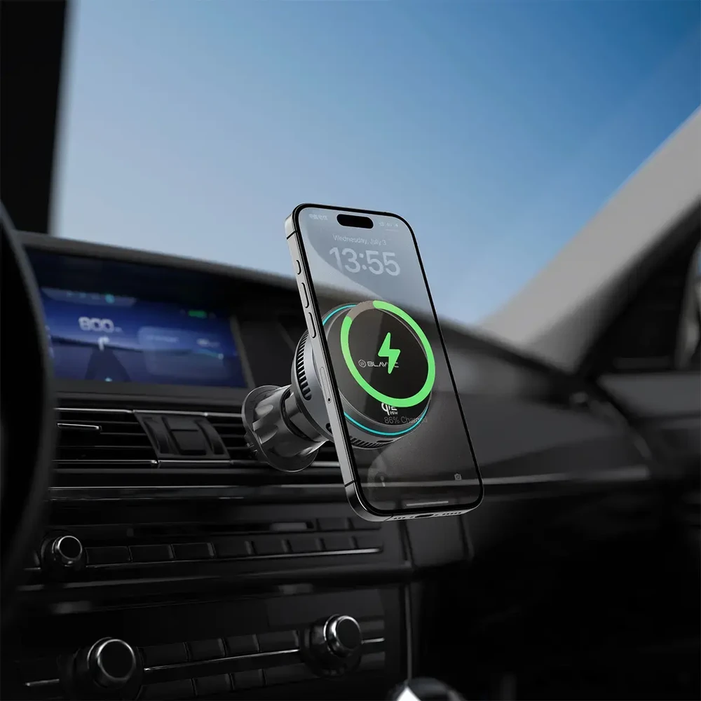 Blavec automobilio laikiklis BHC-05 Qi2.2 25W magnetiniu būdu nuimamas su indukciniu įkrovimu ir aktyviu vėsinimu oro išleidimo angoje (BHC05-MWIB) juodas
