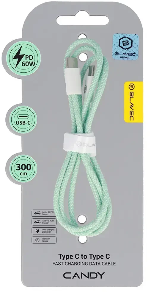 Blavec kabelis Candy braided – Type C į Type C – PD 60W 3A 3 metrai (CCA-CC3GN30) žalios spalvos