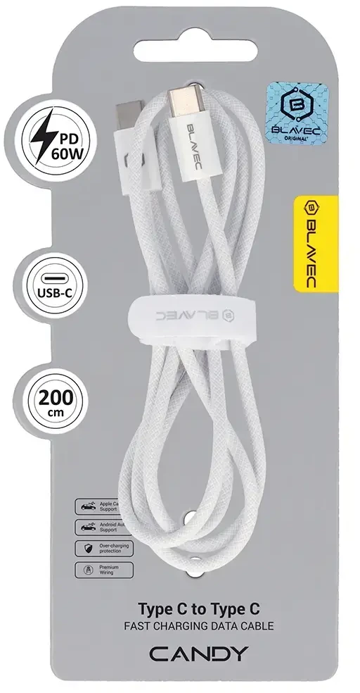 Blavec kabelis Candy braided - Type C į Type C - PD 60W 3A 2 metrai (CCA-CC3W20) baltos spalvos