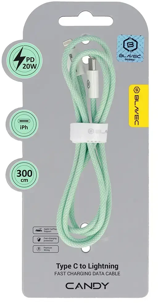 Blavec kabelis Candy braided – Type C į Lightning – PD 20W 2,4A 3 metrai (CCA-CL24GN30) žalios spalvos