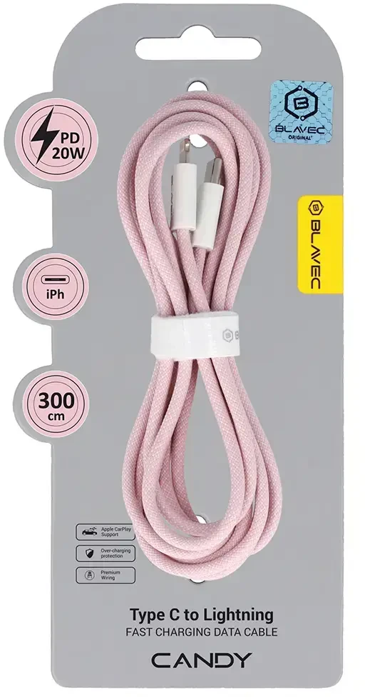 Blavec kabelis Candy braided – Type C į Lightning – PD 20W 2,4A 3 metrai (CCA-CL24P30) rožinės spalvos