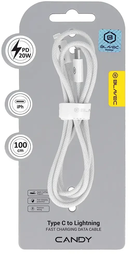 Blavec kabelis Candy pintas – C tipo į Lightning – PD 20W 2,4A 1 metras Apple CarPlay (CCA-CL24W10) baltas