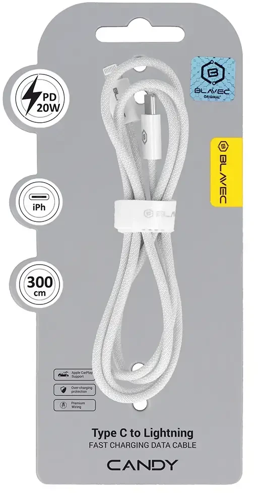 Blavec kabelis Candy braided – Type C į Lightning – PD 20W 2,4A 3 metrai (CCA-CL24W30) baltos spalvos
