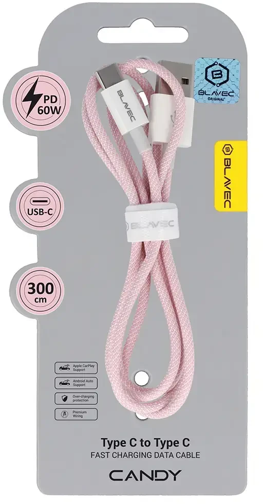 Blavec kabelis Candy braided – USB į Type C – PD 60W 3A 3 metrai (CCA-UC3P30) rožinės spalvos