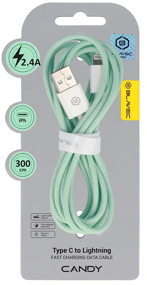 Blavec kabelis Candy braided – USB į Lightning – 2,4A 3 metrai (CCA-UL24GN30) žalios spalvos