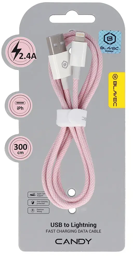 Blavec kabelis Candy braided – USB į Lightning – 2,4A 3 metrai (CCA-UL24P30) rožinės spalvos