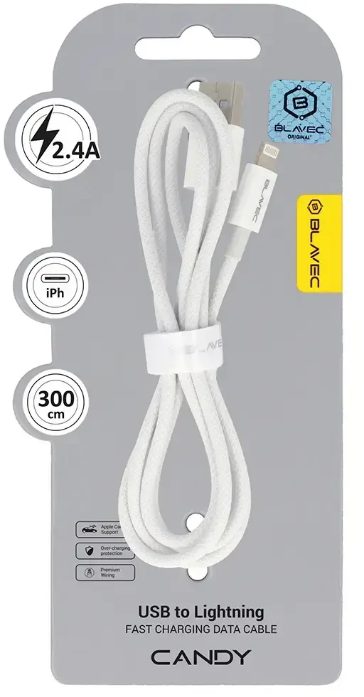 Blavec kabelis Candy braided – USB į Lightning – 2,4A 3 metrai (CCA-UL24W30) baltos spalvos