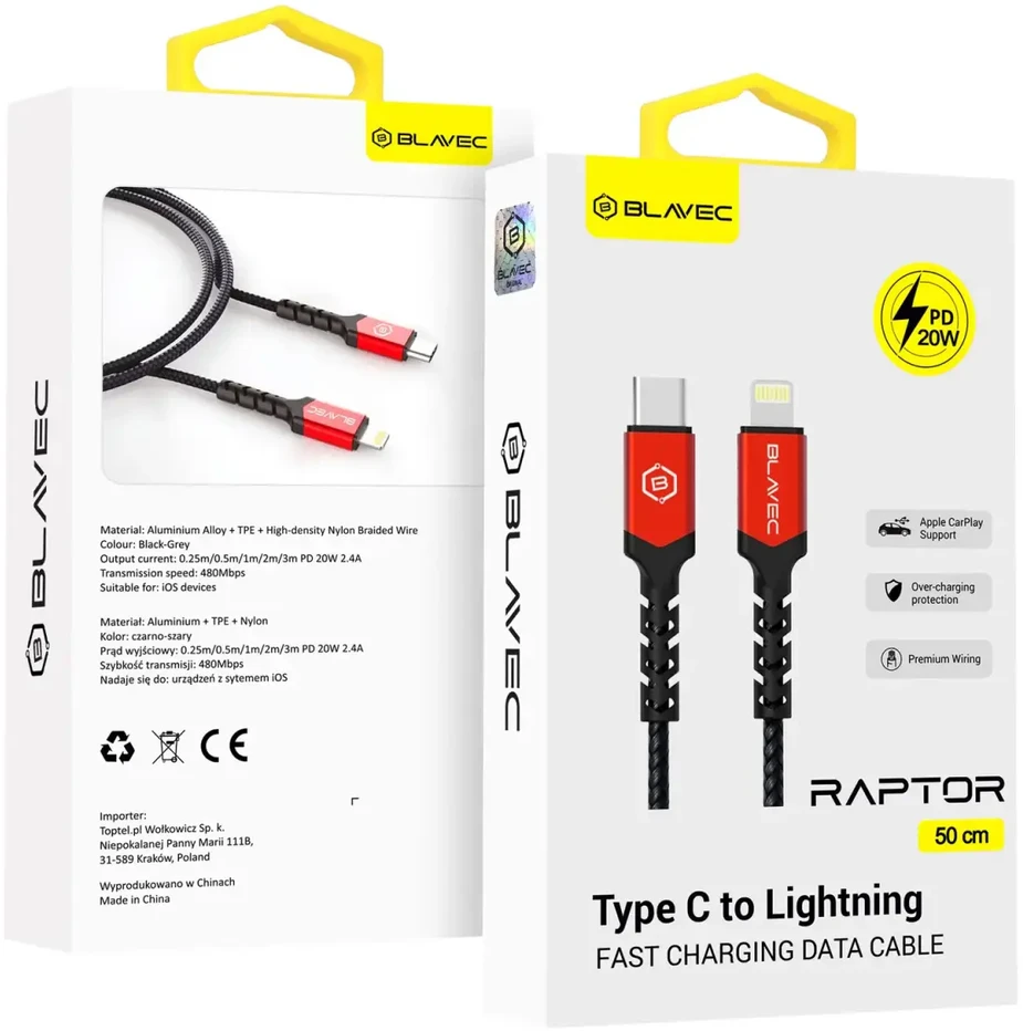 Blavec kabelis Raptor braided – Type C į Lightning – PD 20W 2,4A 0,5 metras (CRA-CL24BR05) juodos spalvos-raudonos spalvos
