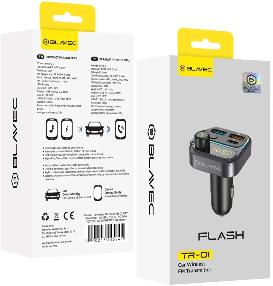 Blavec FM moduliatorius Flash TR-01 MP3, Bluetooth - 2xUSB + Type C - PD 36W QC3.0 18W (TFMFTR01-B) juodos spalvos