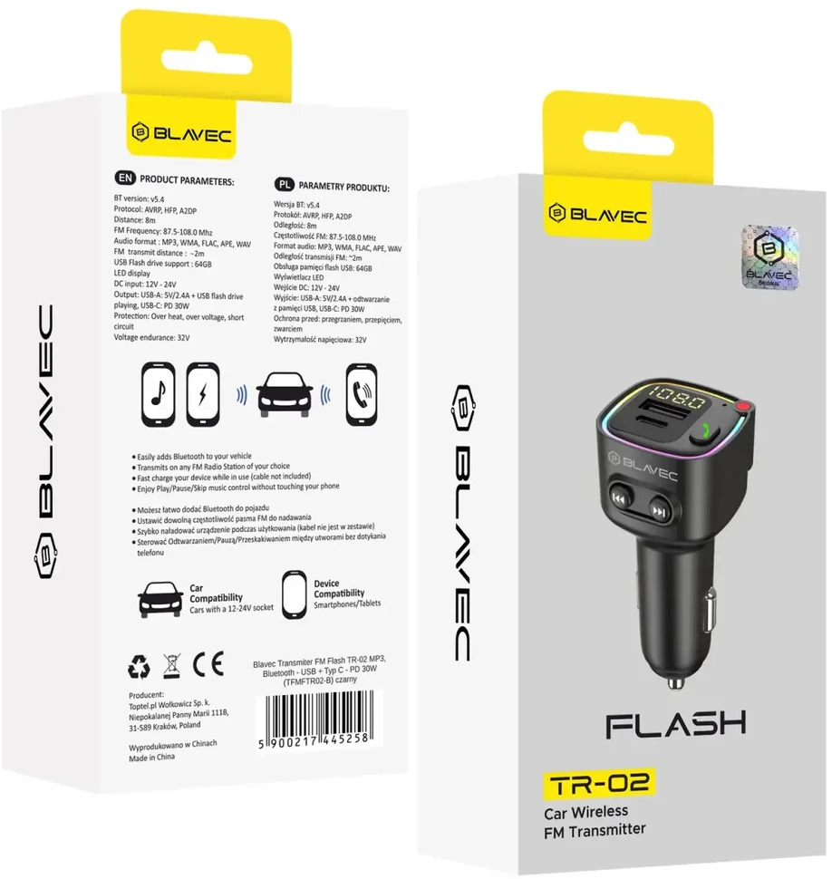 Blavec FM moduliatorius Flash TR-02 MP3, Bluetooth - USB + Type C - PD 30W (TFMFTR02-B) juodos spalvos