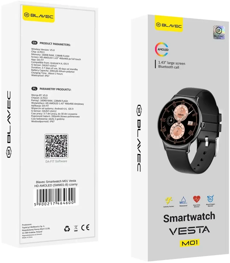 Blavec išmanusis laikrodis M01 Vesta HD AMOLED (SWM01-B) juodos spalvos