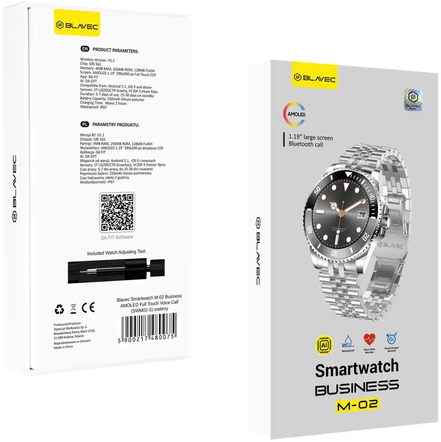 Blavec išmanusis laikrodis M-02 Business AMOLED Full Touch Voice Call (SWM02-S) sidabro spalvos