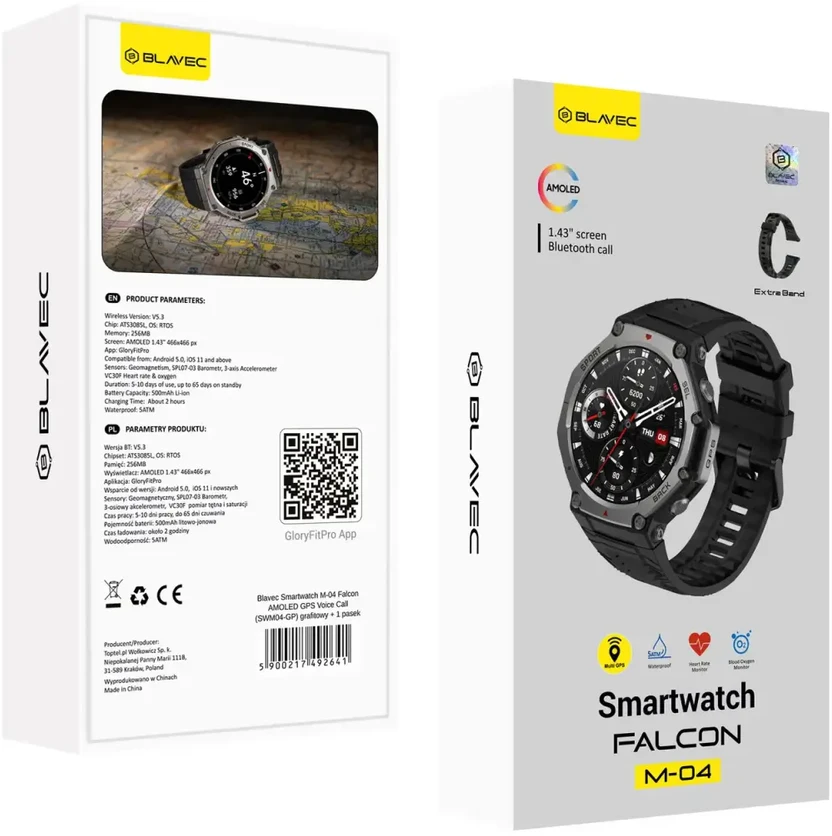 Blavec išmanusis laikrodis M-04 Falcon AMOLED GPS Voice Call (SWM04-GP) graphite + 1 band