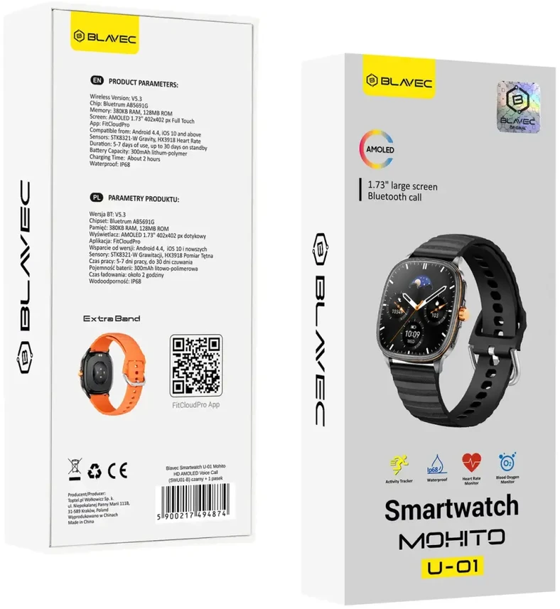 Blavec Išmanusis laikrodis U-01 Mohito HD AMOLED Voice Call (SWU01-B) juoda + 1 dirželis