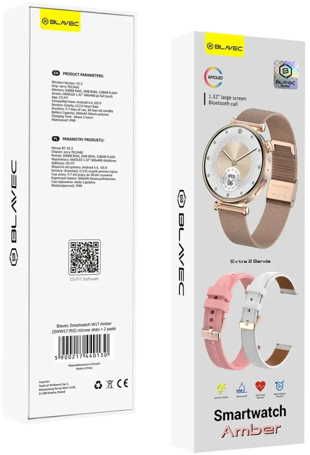 Oem Blavec išmanusis laikrodis W17 Amber HD AMOLED (SWW17-RG) rožinio aukso spalvos + 2 dirželiai