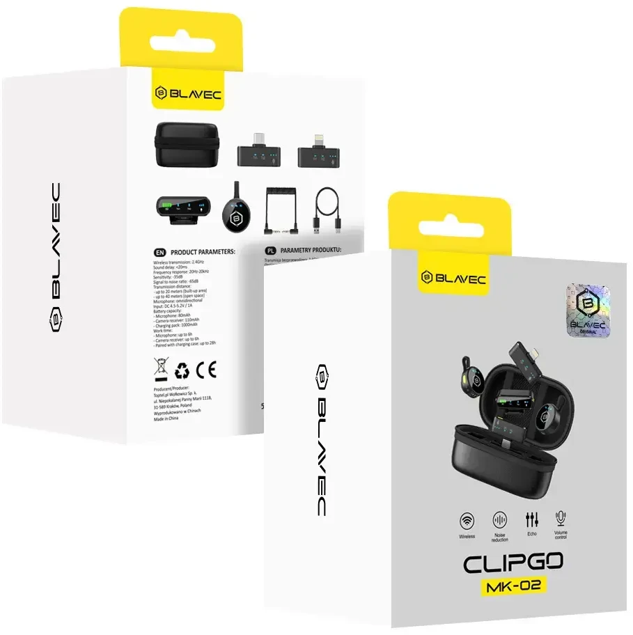 Blavec Mikrofonas belaidis mikrofonas x 2 MK-02 ClipGo Combo: Typ C, Lightning, BT (LMMK02-B) juodos spalvos