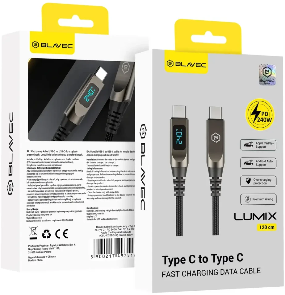 Blavec Kabelis Lumix pleciony – Typ C į Typ C – PD 240W 5A LED ekranas 1,2m Apple CarPlay/Android Auto (CLU-CC5BG12)