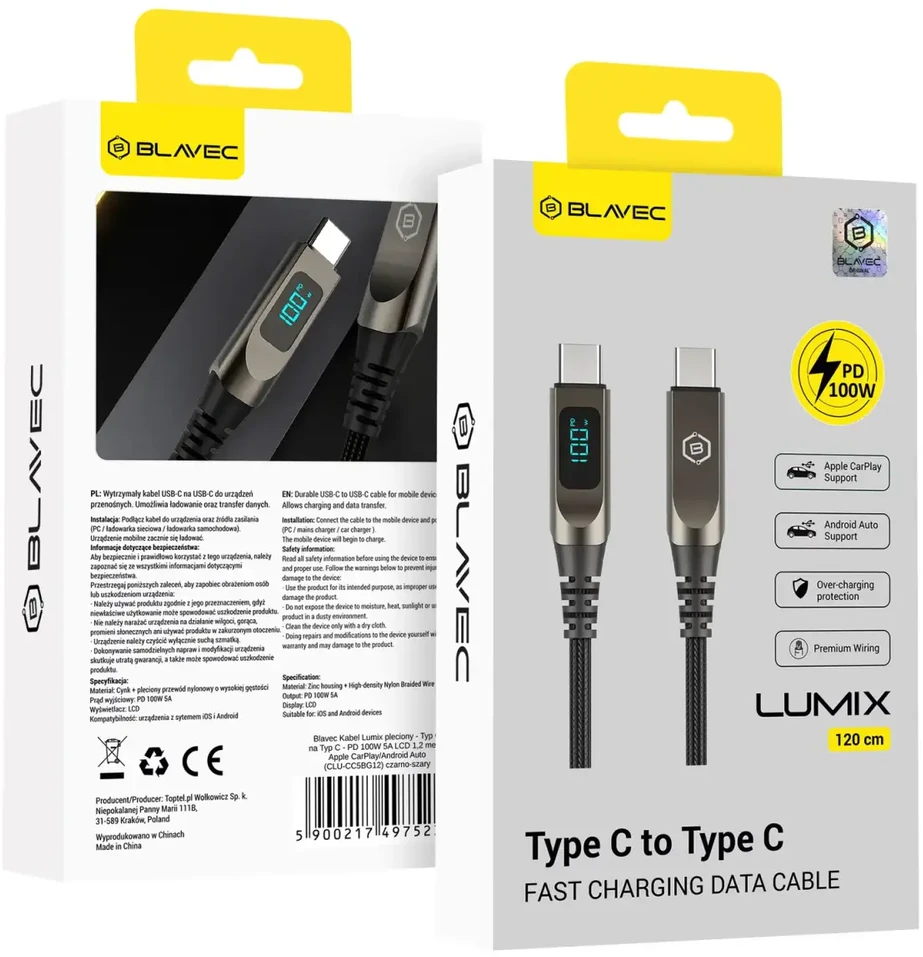 Blavec Kabelis Lumix pleciony – Typ C na Typ C – PD 100W 5A LED ekranas 1,2 metra Apple CarPlay/Android Auto (CLU-CC5BG12)