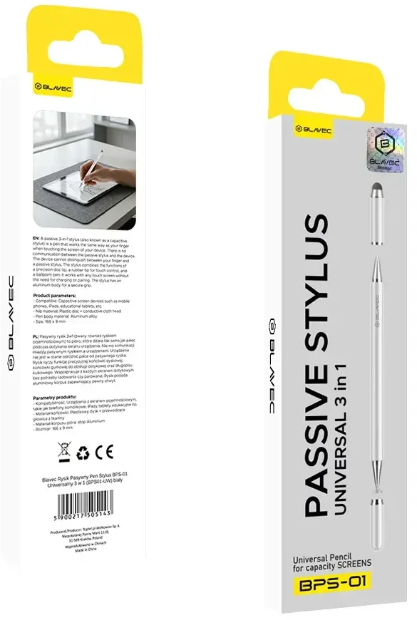 Blavec pasyvus rašiklis Pen Stylus BPS-01 universalus 3in1 (BPS01-UW) baltos spalvos