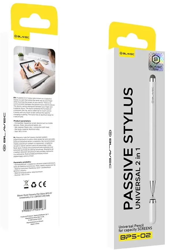 Blavec pasyvus rašiklis Pen Stylus BPS-02 universalus 2in1 (BPS02-UW) baltos spalvos