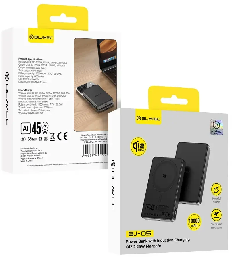 Blavec Power Bank 10000mAh BJ-05 Ultra Fast 16mm – Type C – Qi2.2 25W + PD 45W magnetic induction Magsafe 2 in 1 (PBBJ05-QI22MC10B) juodas