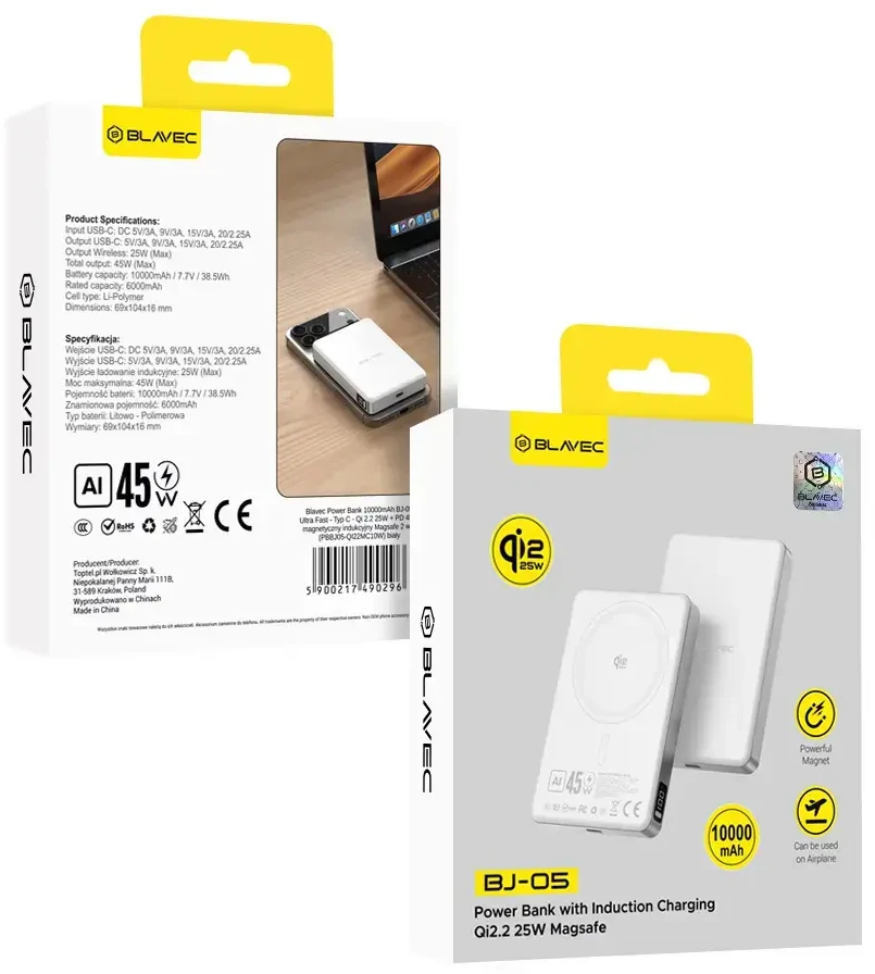 Blavec Power Bank 10000mAh BJ-05 Ultra Fast 16mm – Type C – Qi2.2 25W + PD 45W magnetic induction Magsafe 2 in 1 (PBBJ05-QI22MC10W) baltas