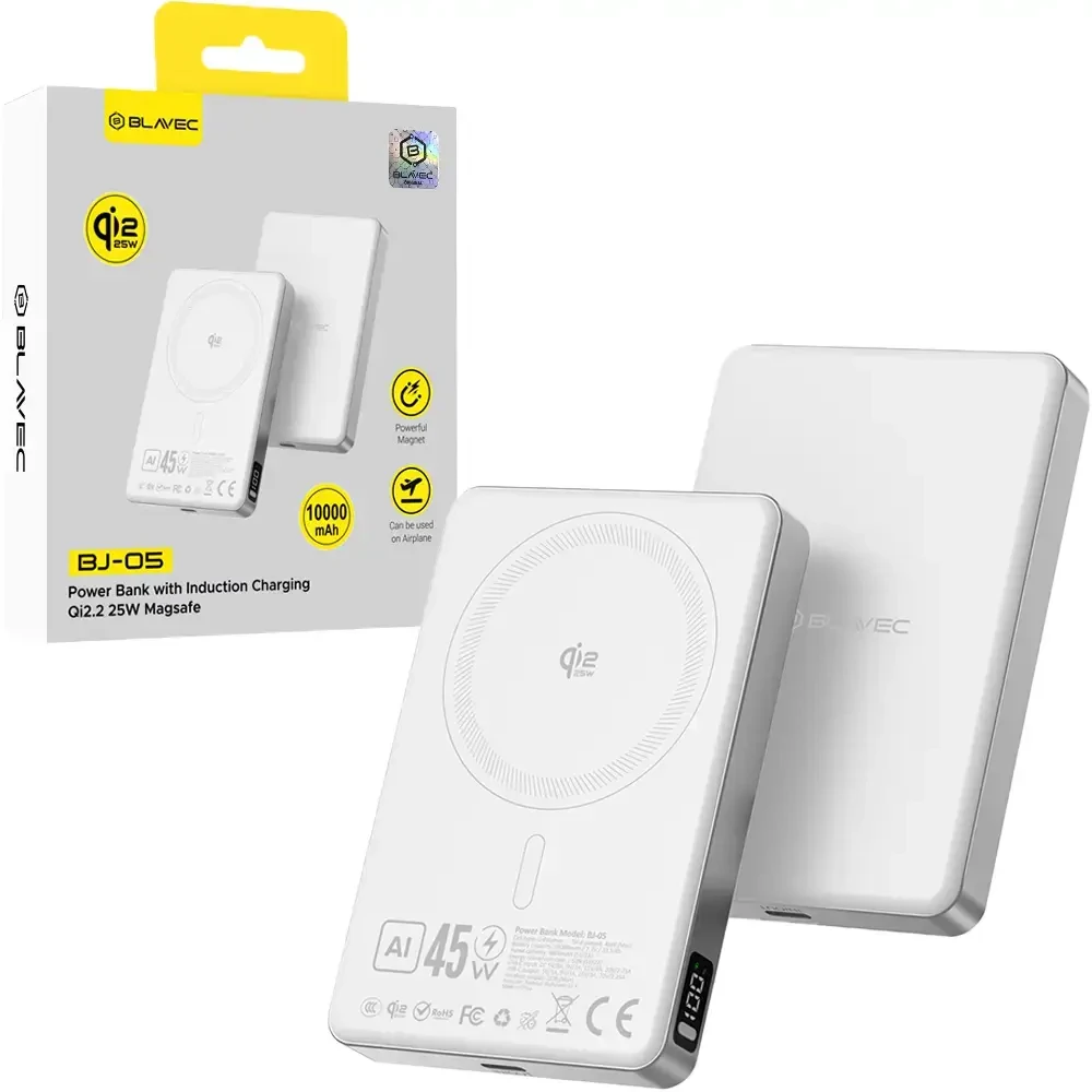 Blavec Power Bank 10000mAh BJ-05 Ultra Fast 16mm – Type C – Qi2.2 25W + PD 45W magnetic induction Magsafe 2 in 1 (PBBJ05-QI22MC10W) baltas