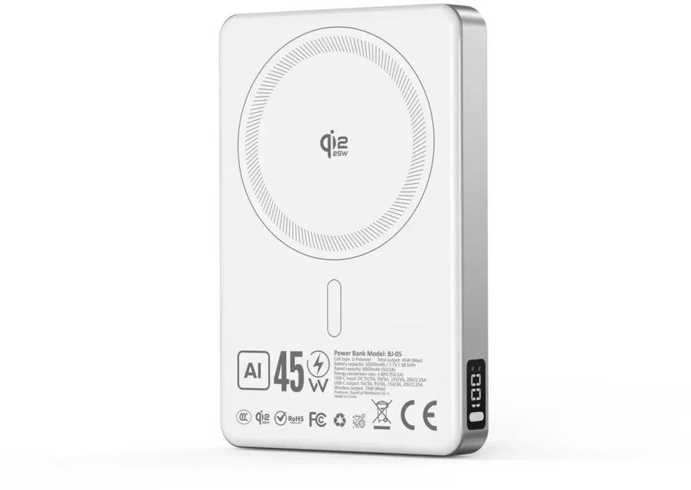 Blavec Power Bank 10000mAh BJ-05 Ultra Fast 16mm – Type C – Qi2.2 25W + PD 45W magnetic induction Magsafe 2 in 1 (PBBJ05-QI22MC10W) baltas