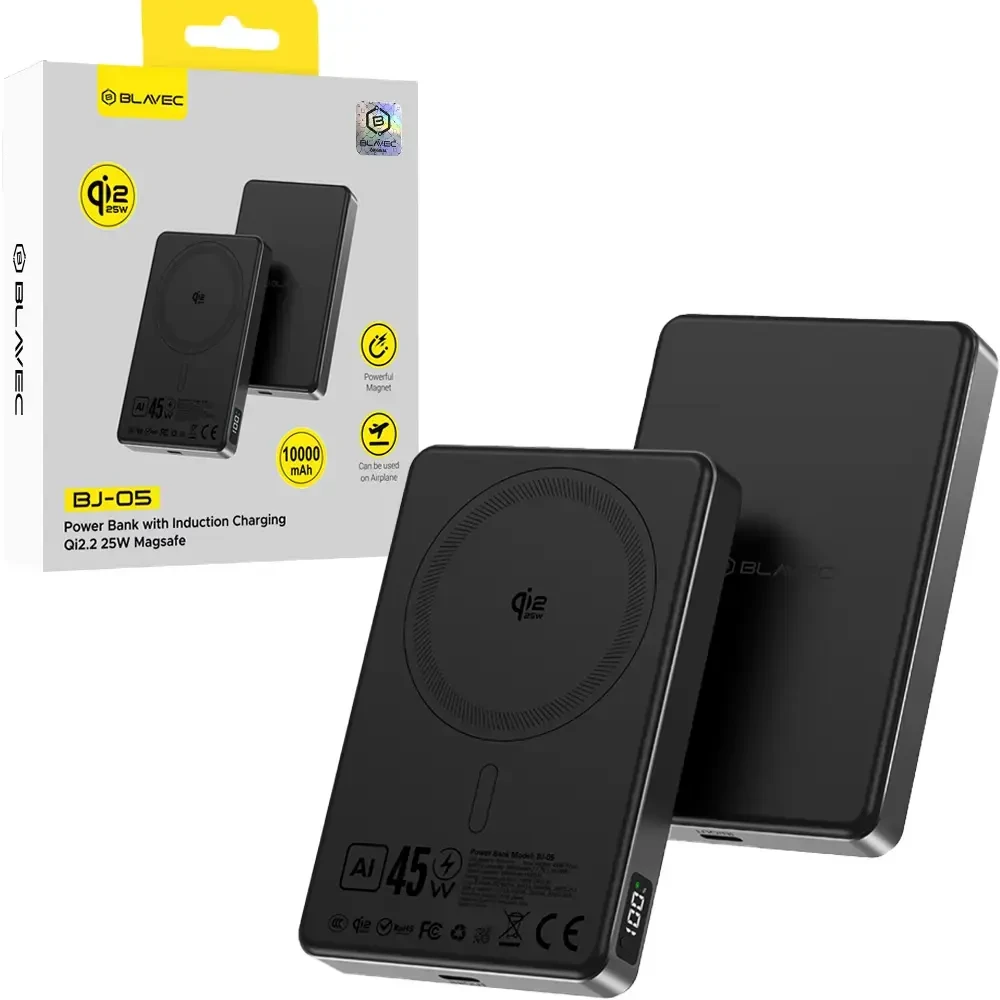 Blavec Power Bank 10000mAh BJ-05 Ultra Fast 16mm – Type C – Qi2.2 25W + PD 45W magnetic induction Magsafe 2 in 1 (PBBJ05-QI22MC10B) juodas