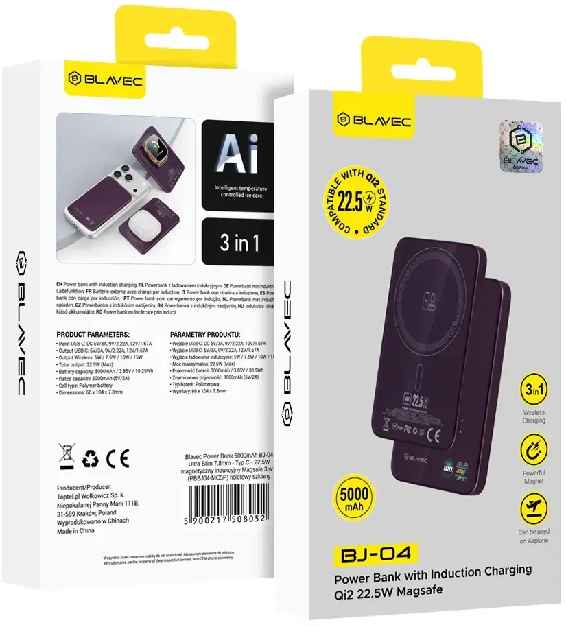 Blavec Power Bank 5000mAh BJ-04 Ultra Slim 7,8mm – Typ C – 22,5W magnetyczny indukcyjny Magsafe 3 w 1 (PBBJ04-MC5P) violetinė stiklinis