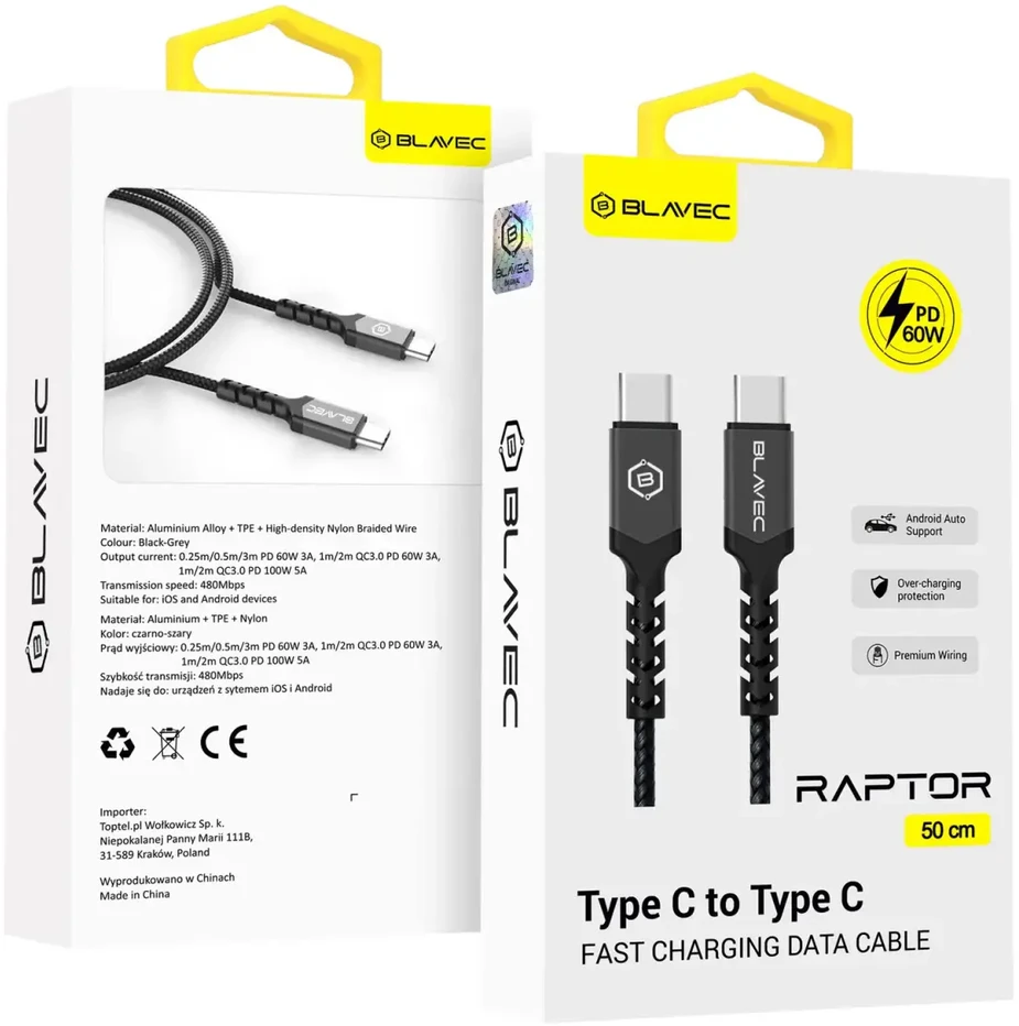 Blavec Cable Raptor braided – Type C to Type C – PD 60W 3A 3 metres Apple CarPlay/Android Auto (CRA-CC3BG30) juodas-pilkas