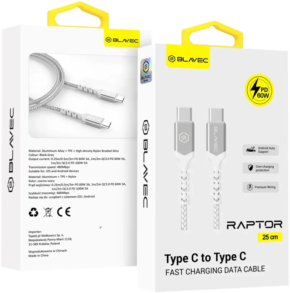 Blavec kabelis Raptor braided – Type C į Type C – PD 60W 3A 0,25 metras (CRA-CC3WS025) baltos spalvos-sidabro spalvos