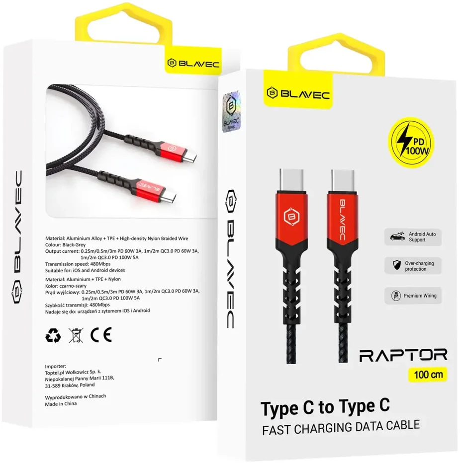 Blavec kabelis Raptor braided – Type C į Type C – PD 100W 5A 1 metras (CRA-CC5BR10) juodos spalvos-raudonos spalvos
