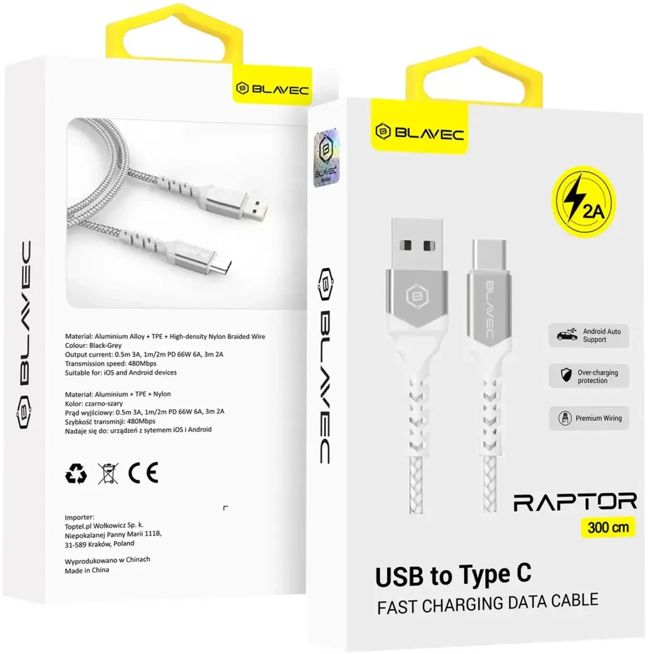 Blavec kabelis Raptor braided - USB į Type C - 2A 3 metras (CRA-UC2WS30) baltos spalvos-sidabro spalvos