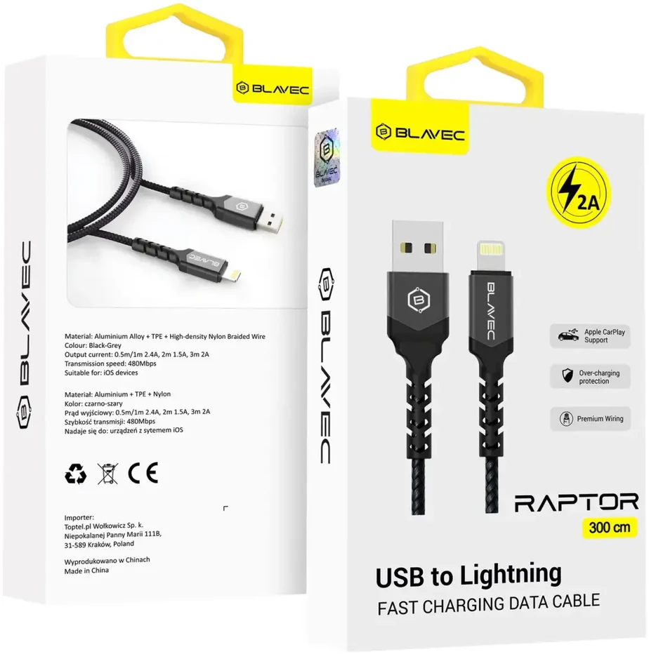 Blavec kabelis Raptor braided – USB į Lightning – 2A 3 metras (CRA-UL2BG30) juodos spalvos-pilkos spalvos